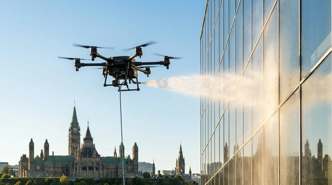 A SkyRise cleaning drone washing a building's glass façade from the air