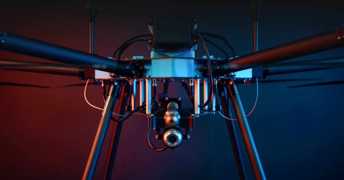 Underside of the Lucid Bots Sherpa, a dark carbon-fibre hexacopter