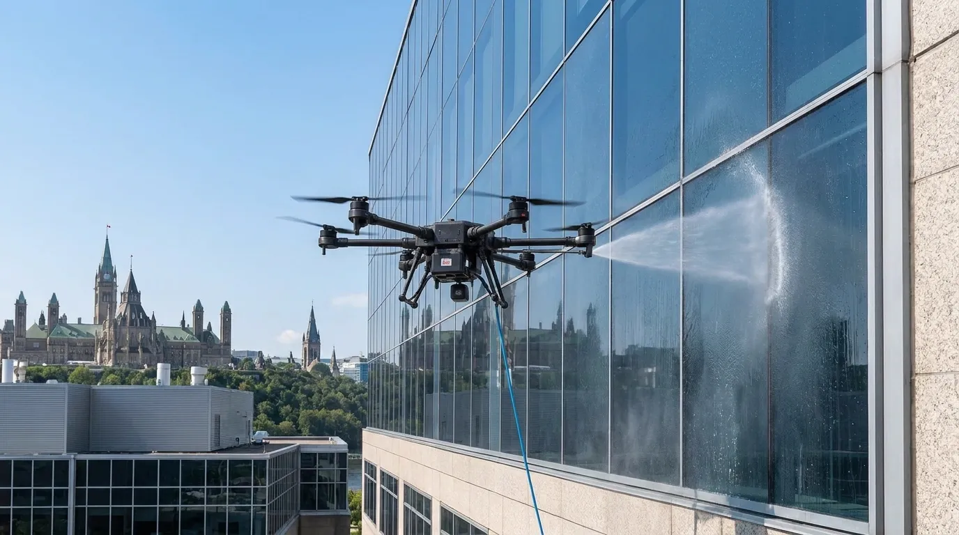 SkyRise cleaning drone washing a glass facade with Parliament in the distance