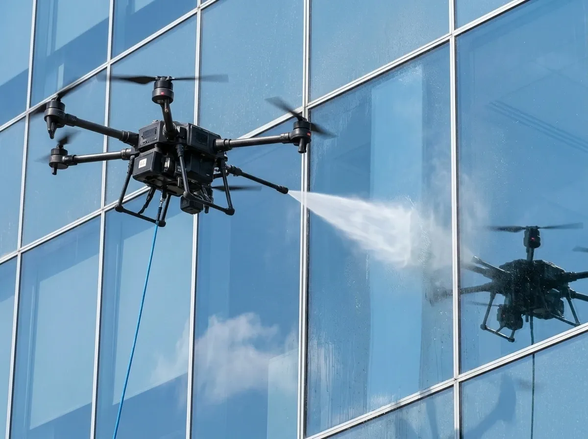 Drone rinsing a glass curtain wall, reflection of a second drone in the panes