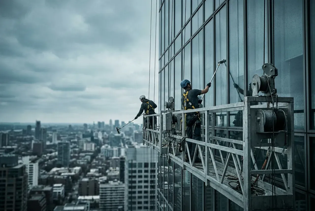 Two workers on a suspended swing stage high above the city